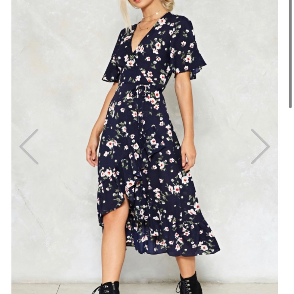 Navy blue floral midi wrap dress